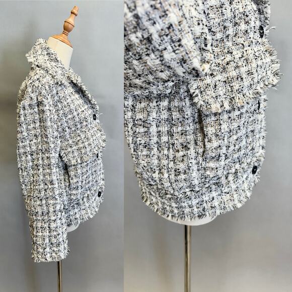 H&M Parisian Tweed Boucle Bomber Jacket Size XS Oversize white black tan - Picture 8 of 14
